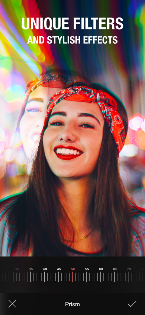 Camly: Photo Editor & Retouch - A woman smiling with a colorful prism filter effect applied in the Camly photo editor app
