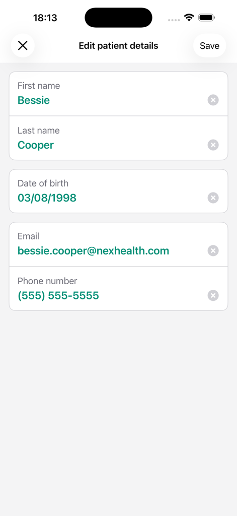 NexHealth mobile app interface showing a form to edit patient information including name, birth date, email and phone number