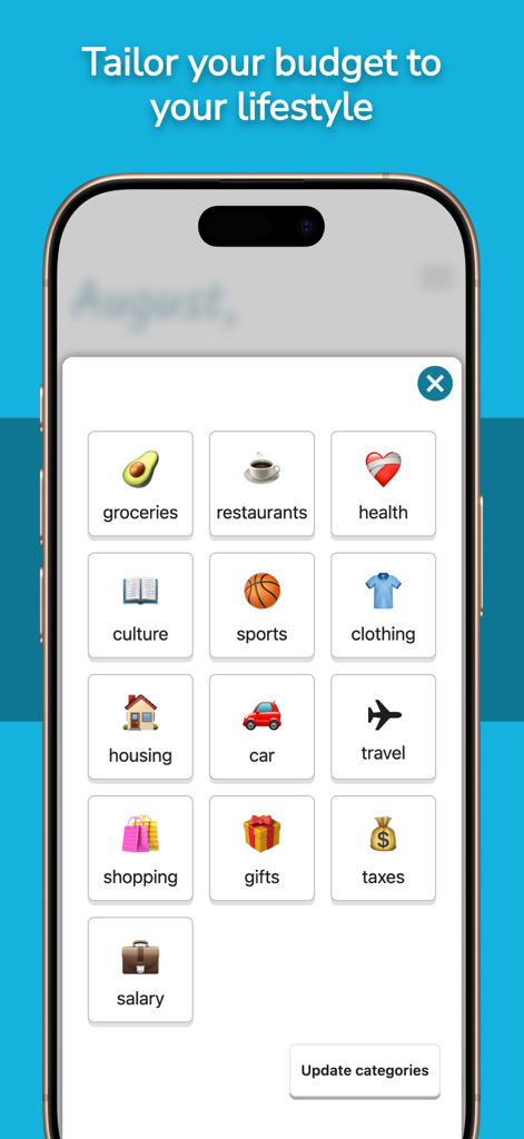 Interface de l'application Kakebo affichant une grille de catégories de budget personnalisables, y compris les épiceries, les restaurants et les icônes de santé.