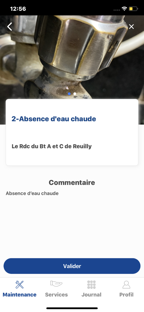 SamFM Smart Request - Mobile app interface for reporting a maintenance issue such as a lack of hot water.