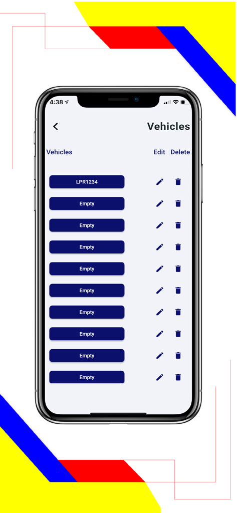 Flexi Parking - Mobile app screen showing a list of stored vehicles for parking management with options to edit or delete license plate entries.