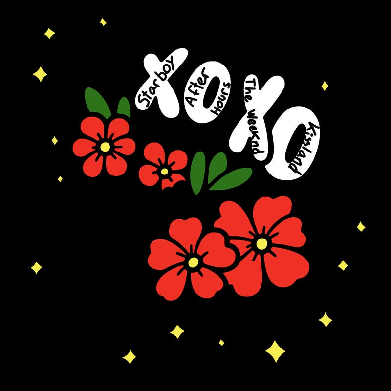 a bunch of flowers and the word xoxo in bubble letters in the middle