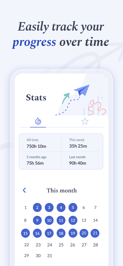Flipd app interface showing productivity statistics and a monthly progress calendar
