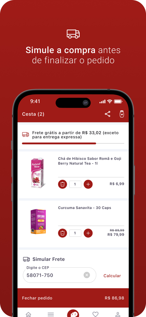 Casas Pedro - Schermata mobile dell'app Casas Pedro che mostra un carrello della spesa con tè all'ibisco e prodotti a base di curcuma