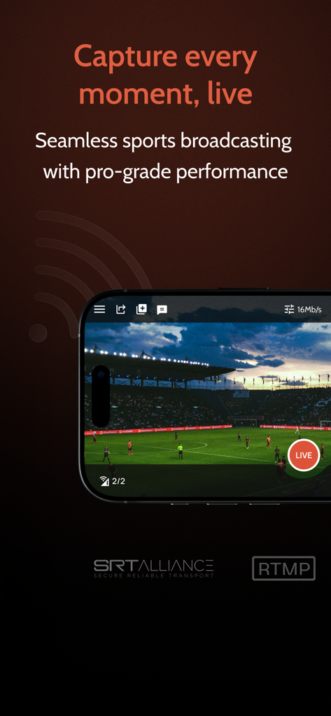 Omnistream app interface displaying a professional live sports broadcast of a soccer match in a stadium