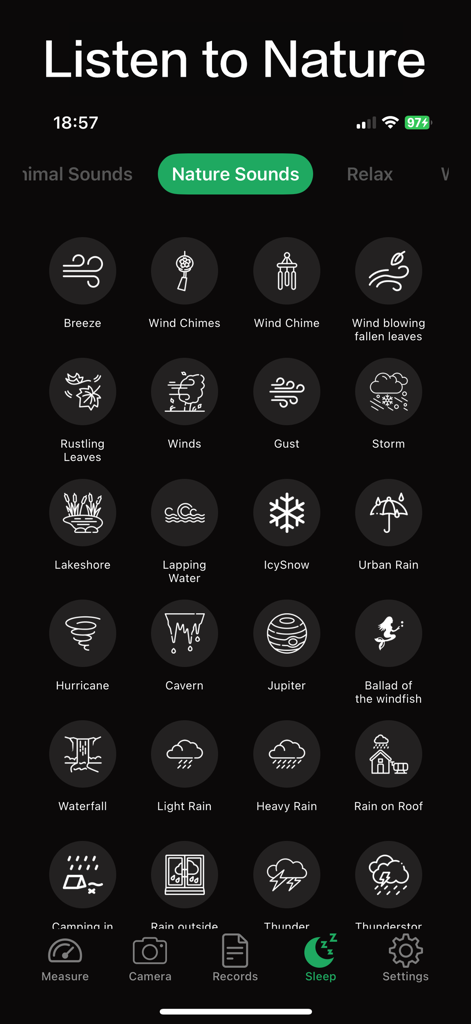 A selection of nature sounds for sleep and relaxation within the Decibel Meter app interface.