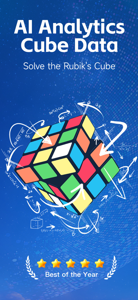 RGB Cube Solver &Timer - Cube Rubik's 3D entouré de formules mathématiques et de texte d'analyse IA