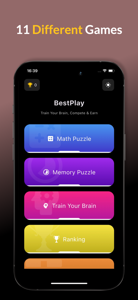 PlayWell - Play and earn - PlayWell app interface showing menu options for Math Puzzle, Memory Puzzle, and brain training games to earn rewards.