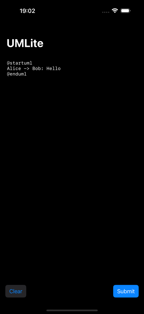 UMLite - Interfaz de la aplicación UMLite que muestra un editor de texto en modo oscuro con sintaxis PlantUML para un diagrama de secuencia