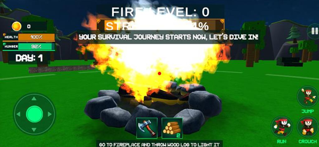 Survival Nights: Forest Escape - Survival game interface showing a lit campfire with inventory icons and survival status bars