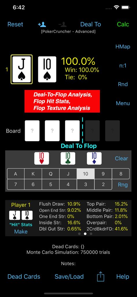 Texas Holdem poker odds calculator interface showing hand equity and flop hit stats
