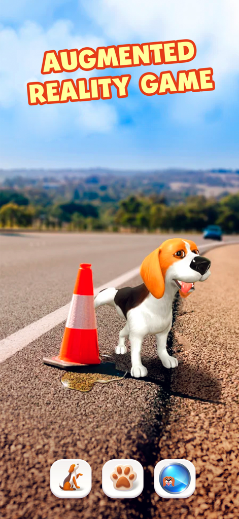 A virtual beagle puppy appears in a real world street environment using augmented reality technology