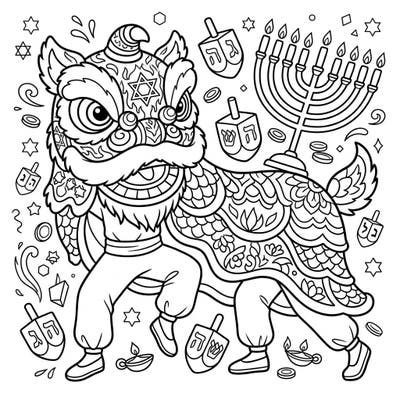 Experience a delightful cultural blend with this Lion Dance Hanukkah coloring page, perfect for celebrating both traditions. This intricate design features a magnificent lion surrounded by festive Hanukkah symbols, promising hours of creative joy.