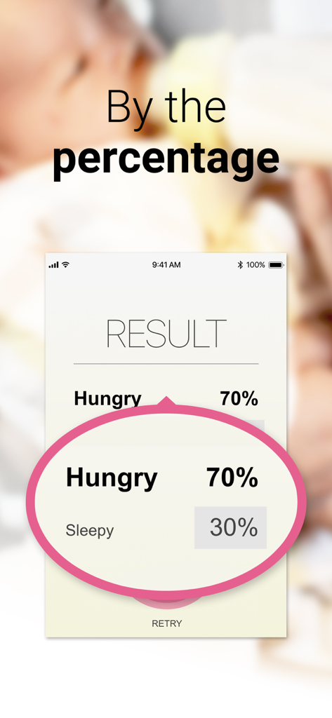 Cry Analyzer - baby translator - Cry Analyzerアプリのモバイル画面。「空腹70%、眠い30%」という結果が表示されています。