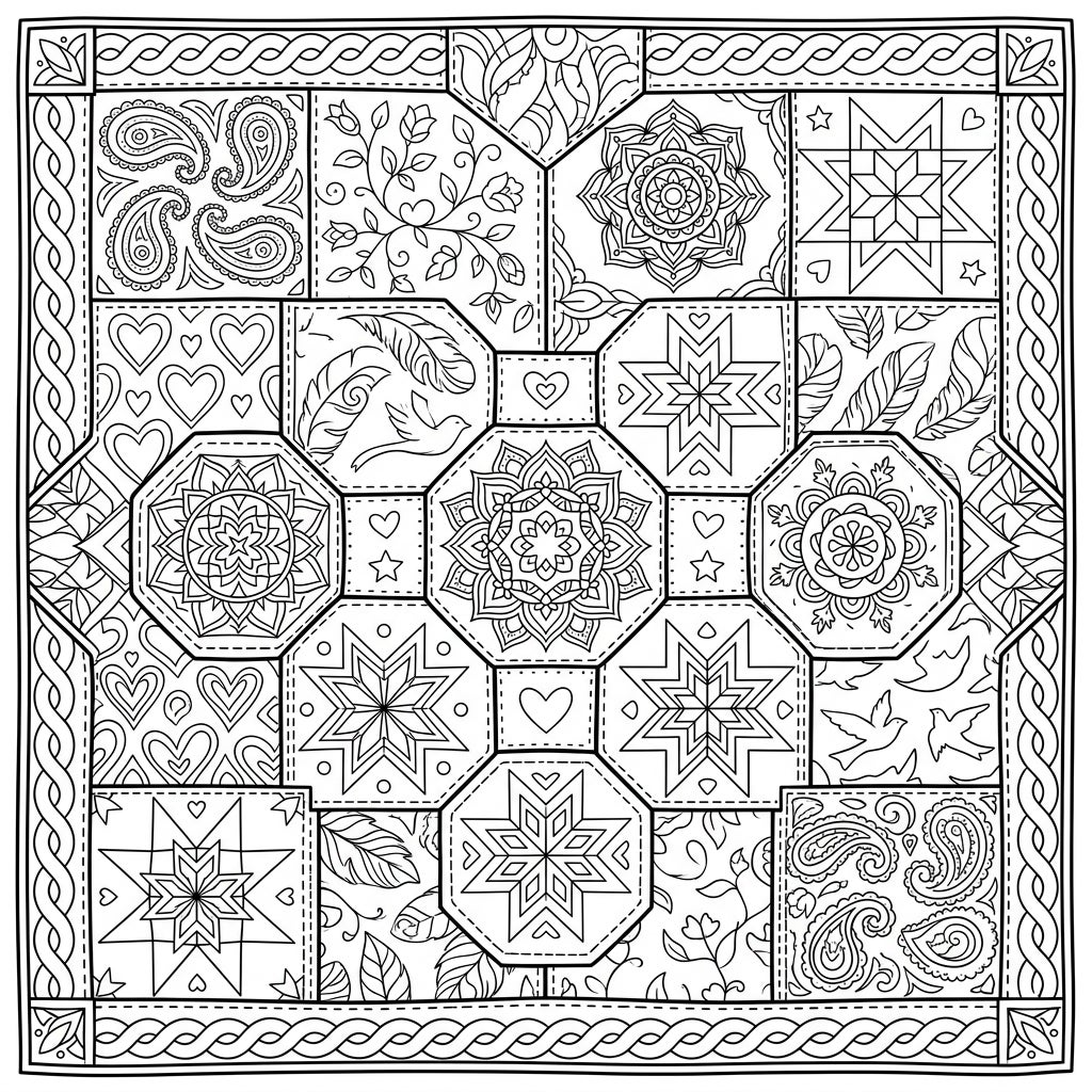 Intricate Patchwork Quilt Design Coloring Page | Free Art
