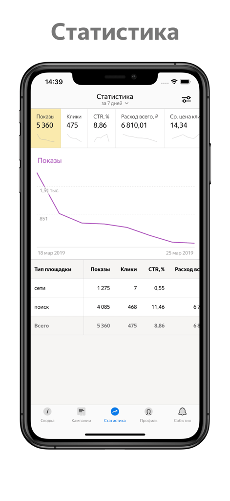 Performance statistics and analytics graph in the Ads Manager 2024 mobile app interface