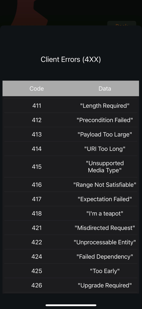 Developer-Tools - A table of 4XX HTTP client error codes and their descriptions within the Developer-Tools mobile application.