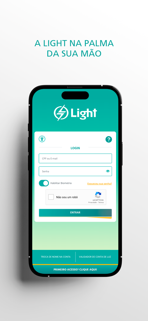 Light - Mobile phone displaying the login screen of the Light electric utility app