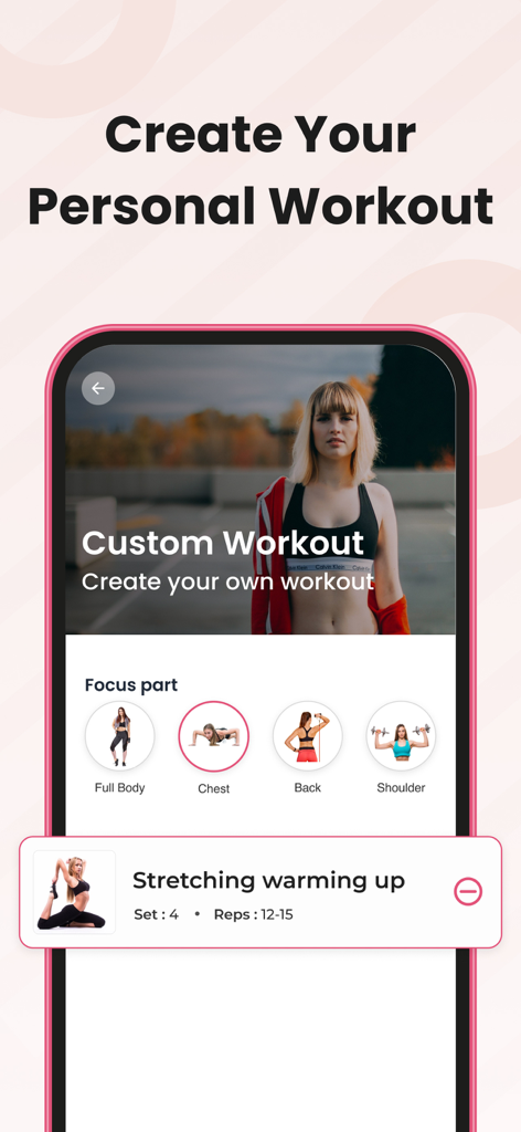 FitMe: Home Workout for Women - Interfaz de la aplicación FitMe mostrando la herramienta de creación de entrenamientos personalizados con selección de enfoque en partes del cuerpo