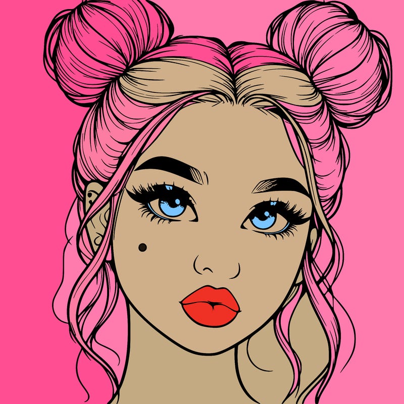realistic girl with two buns on her hair and lips