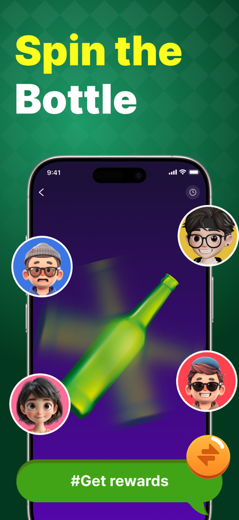 GK Decision Wheel mobile app interface showing the Spin the Bottle feature with four character avatars for party games
