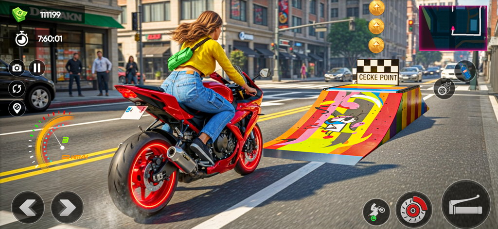 Una mujer en una moto deportiva roja conduciendo hacia una rampa de salto colorida en un entorno urbano en Moto Bike Stunt 3D Racing Game.
