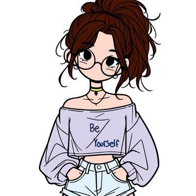 girl with a messy ponytail glasses a baggy crop top and jean shorts