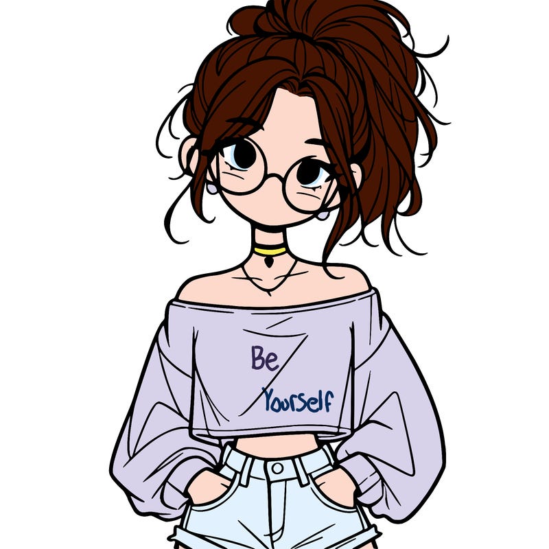 girl with a messy ponytail glasses a baggy crop top and jean shorts