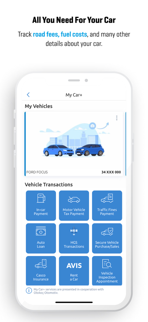 Yapı Kredi Mobile - Ein Screenshot der Funktion „Mein Auto Plus“ in der Yapi Kredi Mobile App, der verschiedene Optionen zur Fahrzeugverwaltung anzeigt