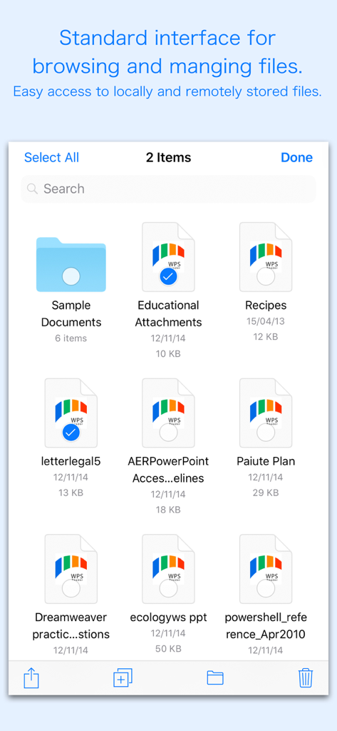 File management interface of WPS Reader app displaying Microsoft Works documents and folders