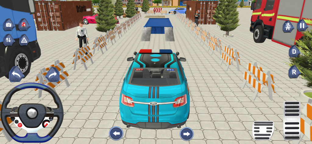 Police Car Driving Chase Games - Un coche de policía azul en un juego de conducción que muestra el volante y los pedales