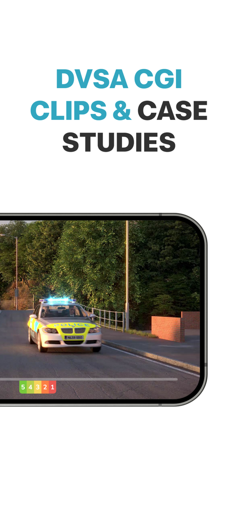 Mobile screen showing a hazard perception CGI clip with a police car for UK driving theory test preparation