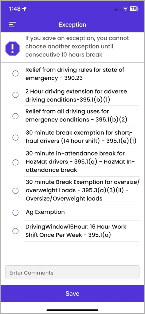 ELDMandate HOS app screen for selecting hours of service exceptions like emergency relief and adverse weather conditions