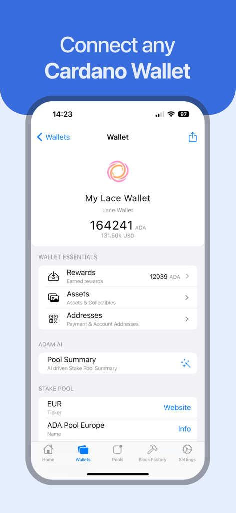 A screenshot of the ADAM Cardano app interface displaying a Lace wallet balance, staking rewards, and wallet essentials.