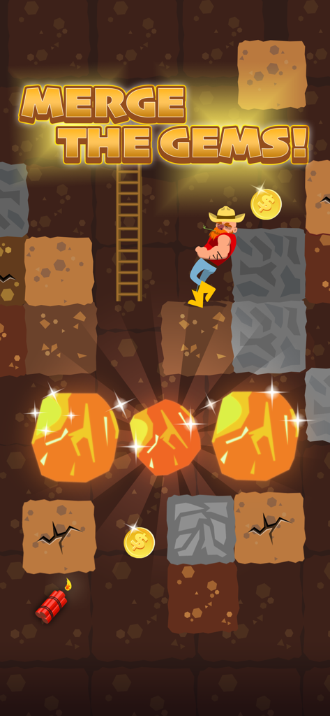 Gold Digger FRVR gameplay showing a cartoon miner in a cave with large glowing gems and the text Merge the Gems