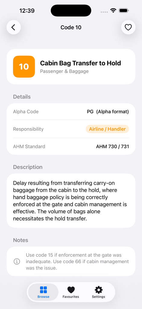 IATA Delay Codes - Screenshot of the IATA Delay Codes app displaying details and description for Code 10 Cabin Bag Transfer to Hold