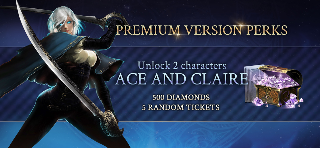 Shadow Hunter: Premium - Pantalla de ventajas de la versión Shadow Hunter Premium con un personaje guerrero y un cofre del tesoro de diamantes con texto sobre el desbloqueo de Ace y Claire