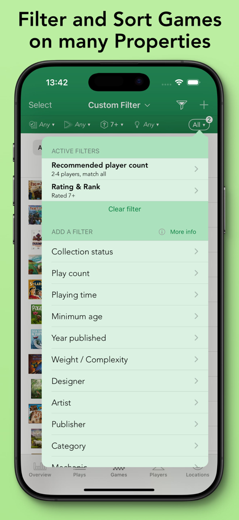 Board Game Stats - A mobile interface showing detailed filtering and sorting options for a board game collection within the BG Stats app