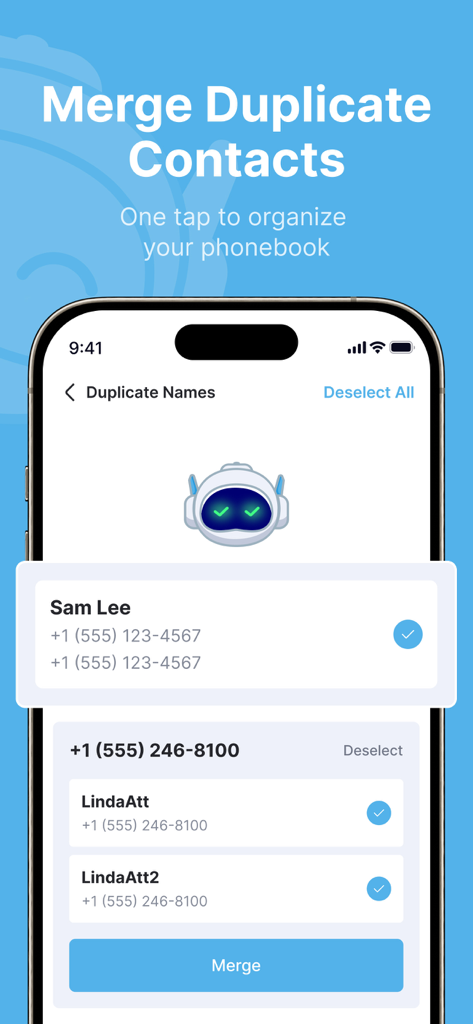 CleanerApp - ai clean storage - Smartphone screen showing the CleanerApp feature for merging duplicate phonebook contacts.