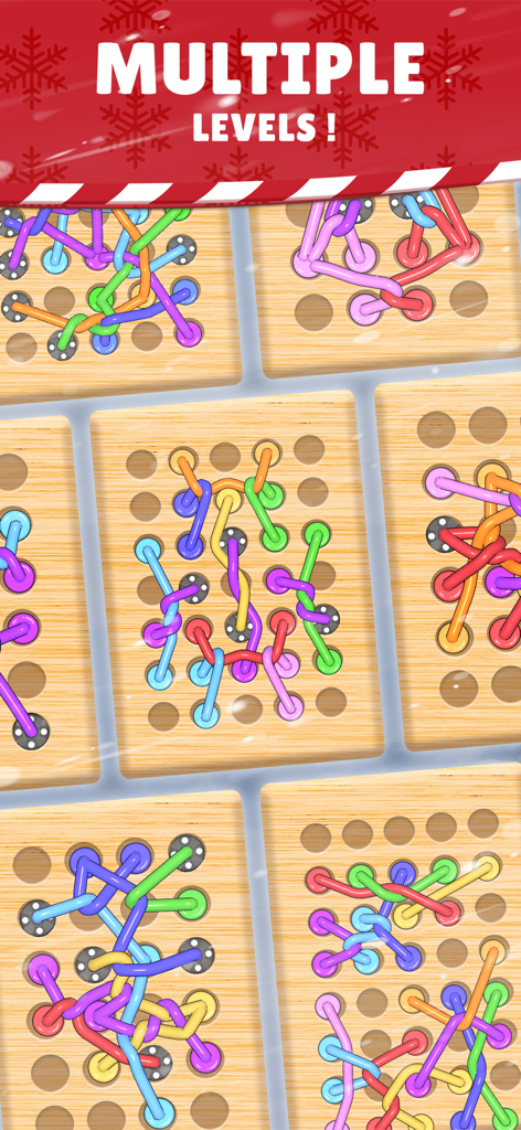 Una colección de niveles de rompecabezas 3D con cuerdas enredadas de colores sobre tableros de madera.