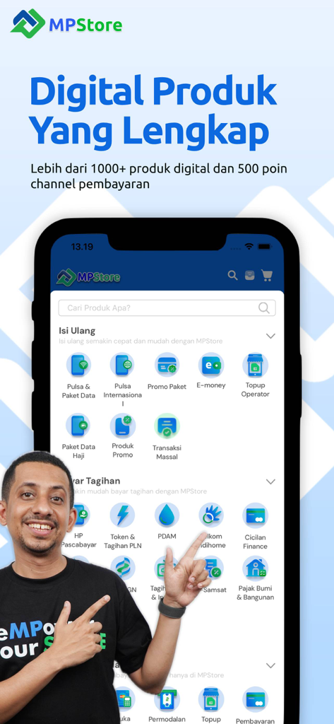 MPStore - SuperApp UMKM - MPStore app interface showing various digital services including mobile credit top-ups and utility bill payments