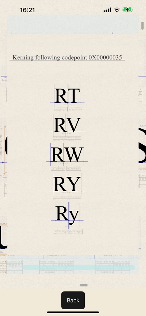 Font Visualizer Pro - Inspección detallada de kerning para pares de letras en Font Visualizer Pro