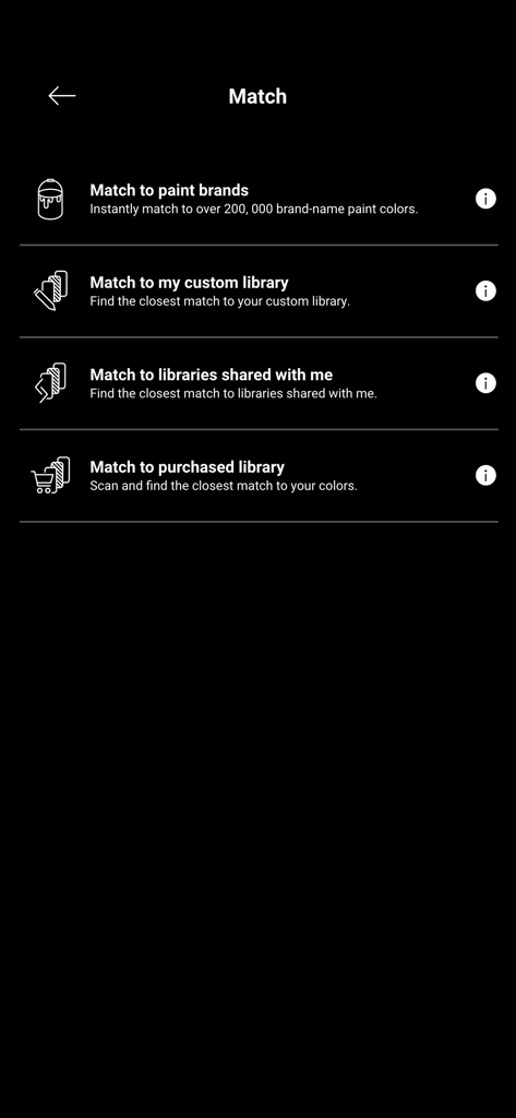 Nix Toolkit - Bildschirm der Nix Toolkit App, der Optionen zur Farbabstimmung für Farbmarken und benutzerdefinierte Bibliotheken anzeigt