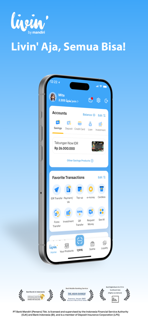 Livin' by Mandiri - Livin by Mandiriモバイルバンキングアプリのインターフェースをスマートフォンで表示
