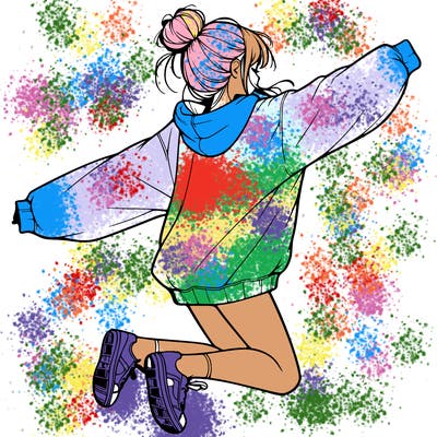 realistic girl jumping with a bun and oversized sweatshirt