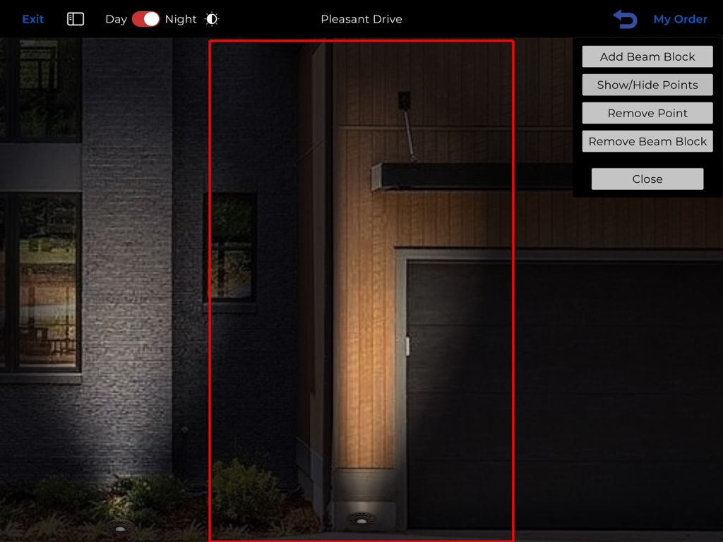 AMP® LIGHTING VISUALIZER - AMP Lighting Visualizer app interface showing the beam block tool for professional landscape lighting design