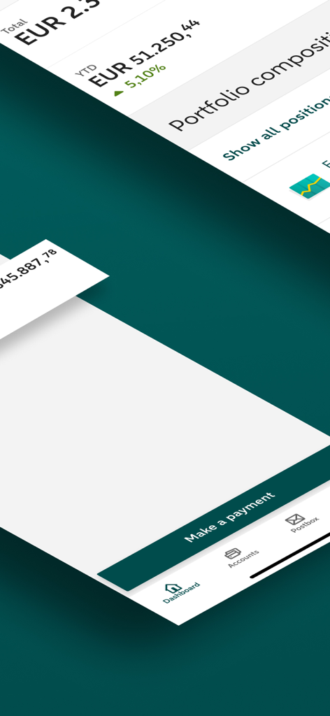 ABN AMRO Belgium PB - ABN AMRO Belgium Private Banking app dashboard displaying portfolio total and investment performance