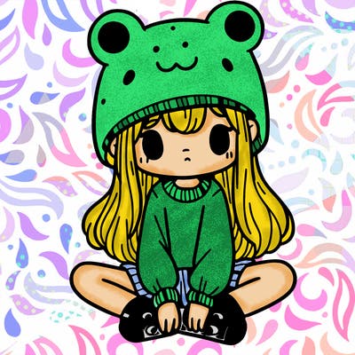 a girl wearing a frog hat and some frog socks