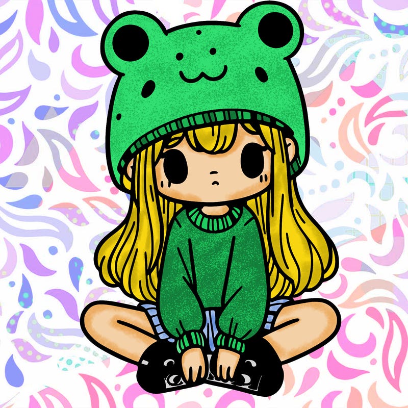 a girl wearing a frog hat and some frog socks