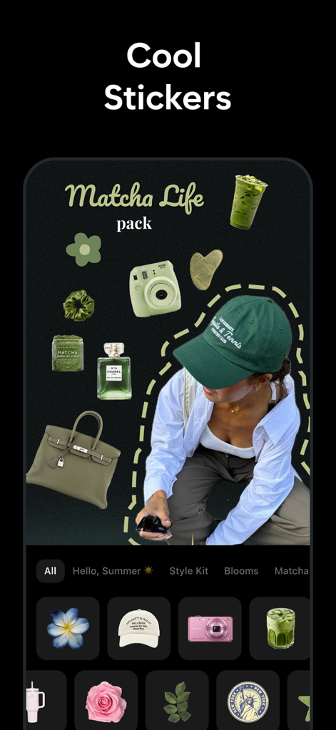 Muse app interface showing aesthetic stickers and a matcha life themed video template.